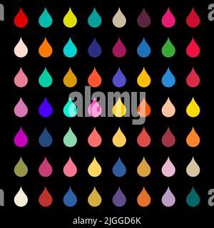 Color palette of 64 different colors. Color examples in the form of paint droplets. Flat vector illustration isolated on black background. Stock Vector