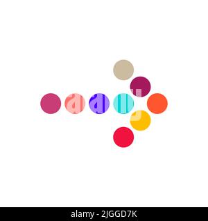 Decorative dotted arrow to the right, made up of multi-colored circles. Color palette. Flat vector illustration isolated on white background. Stock Vector