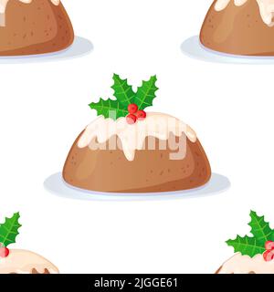 Traditional english christmas pudding seamless pattern with icing and holly Stock Vector