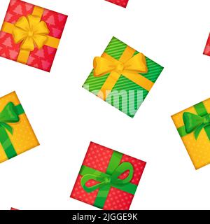 Christmas gifts semless pattern with bows and ribbons in realistic cartoon style Stock Vector