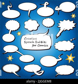 Comic Speech Bubbles Retro Collection, funny set on blue halftone background. Vector illustration Stock Vector