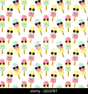 Patterns of colorful ice cream. Cartoon characters in sunglasses.  Stock Vector