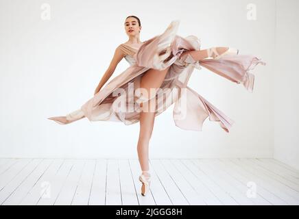 Dancing is her life. Full length shot of an attractive young female ballerina practicing in her dance studio. Stock Photo