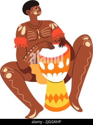 African man tribe playing drums, ritual performer Stock Vector