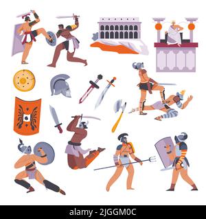 Gladiator fight, soldiers and weapons Roman men Stock Vector