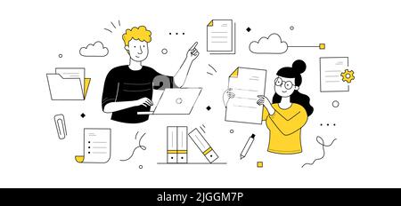 Electronic documents management, paperwork organization doodle concept. Office workers with laptop organizing files and papers. Business administration, data storage, Line art vector illustration Stock Vector