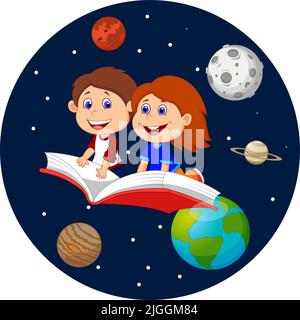 Cartoon happy kids flying on a book in outer space Stock Vector