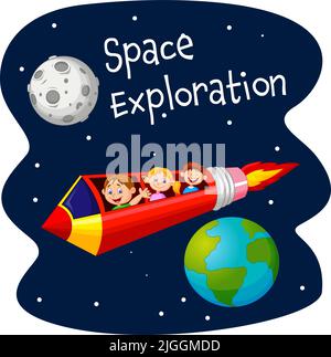 Cartoon children flying with rocket pencil in outer space Stock Vector