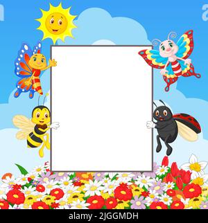 Cute insects cartoon holding blank sign Stock Vector