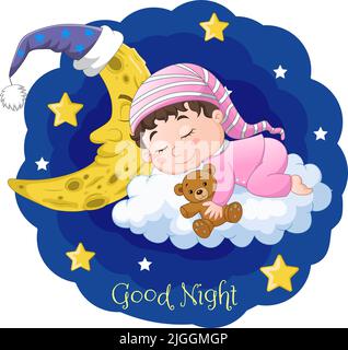 Cartoon baby sleeping with teddy bear and moon on the clouds Stock Vector