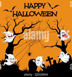 Happy Halloween with funny ghosts spirit flying Stock Vector