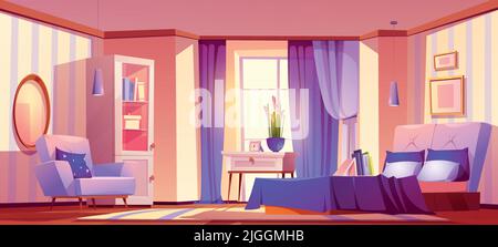 Pink bedroom interior with purple decor. Empty room with modern furniture, mirror, bed, armchair, table and cupboard. Feminine design for girl, hotel suit, apartment. Cartoon vector illustration Stock Vector