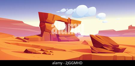 Arizona desert landscape, wild west background with golden sand dunes and stones under blue sky. Dry deserted nature with cracked yellow sandy surface and arch rocks, Cartoon vector illustration Stock Vector