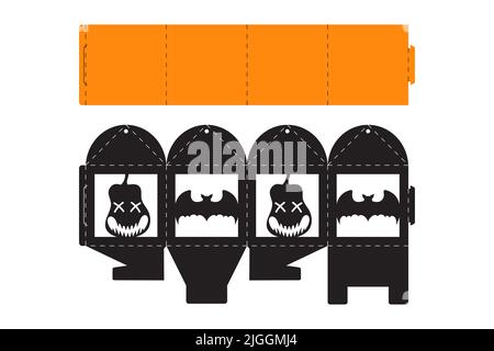 Halloween treat box with scary pumpkin. Jack-o-lantern facial gift party packaging for sweet, candies, small present, bakery. Simple package die cut t Stock Vector