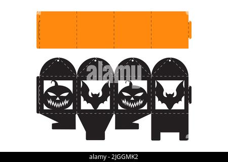Halloween treat box with scary pumpkin. Jack-o-lantern facial gift party packaging for sweet, candies, small present, bakery. Simple package die cut t Stock Vector