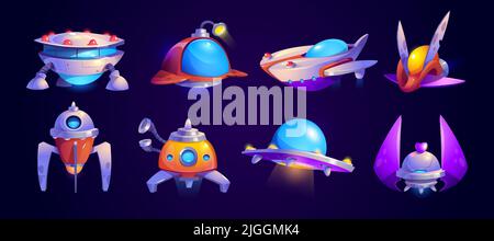 Alien spaceship game icons vector set. Funny rockets, ufo shuttles cartoon collection illustrations isolated on white background. Fantasy cosmic objects, computer game graphic design elements Stock Vector