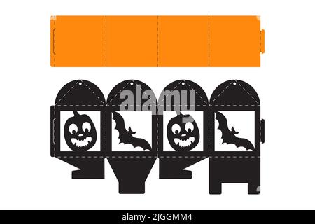 Halloween treat box with scary pumpkin. Jack-o-lantern facial gift party packaging for sweet, candies, small present, bakery. Simple package die cut t Stock Vector