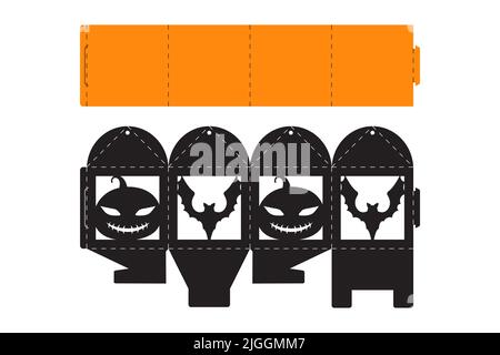 Halloween treat box with scary pumpkin. Jack-o-lantern facial gift party packaging for sweet, candies, small present, bakery. Simple package die cut t Stock Vector