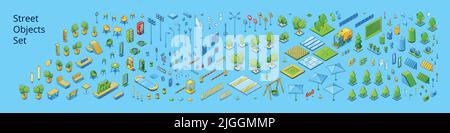 Street objects set with isometric trees, road signs, traffic lights, hotel and restaurant signboards. Vector illustration of park and cafe objects, lanterns, vending machines, sweeper and solar panels Stock Vector