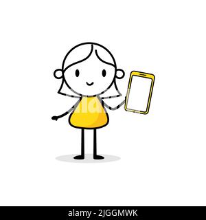 Businesswoman holds a mobile phone in his hand. Hand drawn doodle woman isolated on white background. Vector stock illustration. Stock Vector