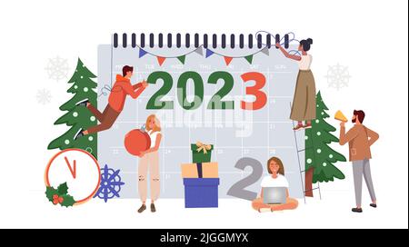 Office christmas celebration. Happy tiny people preparing for New Year, business team engaged in decoration corporate party. 2023 winter holiday business people, office celebration vector illustration. Stock Vector