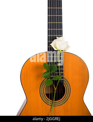 Classical acoustic six-string guitar isolated on white Stock Photo