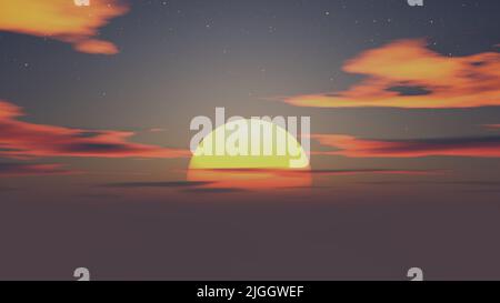 Sunset in sea, sun in waves of ocean. Fantastic sunset in summer on sea, sun melts in the waves. Clouds in rays of sun are reflected in the water. 3d Stock Photo