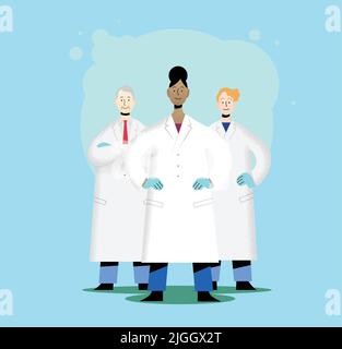 Team of three doctors in white coats isolated vector illustration. Old man doctor, young black woman doctor and young man doctor. Fighting virus. Stock Vector