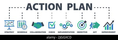 ACTION PLAN. Concept with icons and signs. Stock Vector