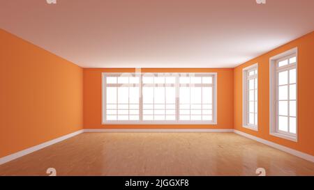 Empty Room with Orange Walls, Glossy Parquet Floor, White Plinth, Three Large Full Wall Windows. 3D illustration with a Work Path on the Windows. 8K Ultra HD, 7680x4320, 300 dpi Stock Photo
