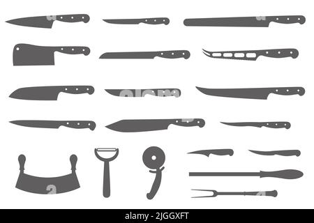 Chef knives set. Butcher meat cutting design elements. Silhouettes of cook kitchenware. Vector illustration Stock Vector