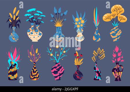 Ceramic vases with flowers. Pottery with abstract pattern in contemporary art style. Vector flat illustration of trendy interior decoration, modern jars with bouquets Stock Vector