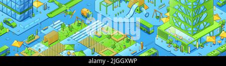 Isometric city map, modern town with eco park, kids playground, hotel or office buildings with restaurant. Vector horizontal illustration of city district, urban architecture and vehicles on streets Stock Vector