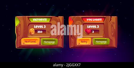 Game wooden boards with level score, victory and lose banners. Vector cartoon set of gui design elements, game screens of level win and fail with achievements and button Stock Vector