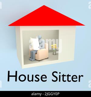 3D illustration of a man silhouette sitting in an arm chair in a house and reading a newspaper, with House Sitter script. Stock Photo