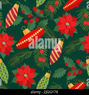 Christmas festive seamless pattern for wrapping paper or fabric with decoration ball and christmas plants. Vector illustration in flat style Stock Vector
