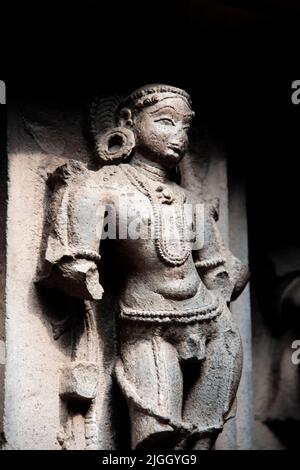 Beautifully carved idols on the inner wall of the Bhuleshwar Temple, Yawat, Maharashtra, India Stock Photo