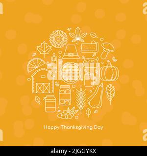 Happy Thanksgiving Day greeting card with line icons. Vector illustration Stock Vector