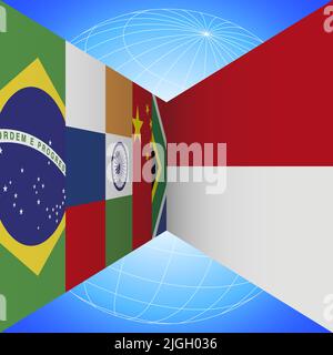 BRICS flags countries and Indonesia flag with earth globe in perspective on the blue background, vector illustration Stock Vector