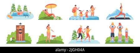Set of eight isolated healthy life hardening compositions with human characters tempering their bodies in winter vector illustration Stock Vector