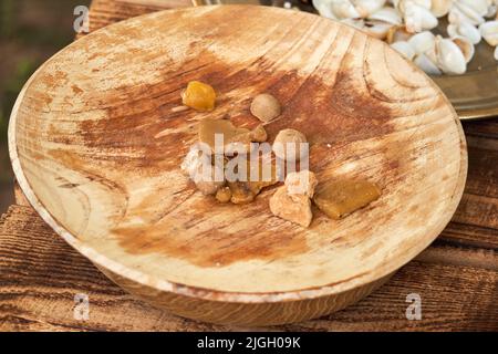 Ancient Roman cosmetics, retro perfume and vintage bath accessories. Reconstruction of events in the thermae of the Roman Empire Stock Photo