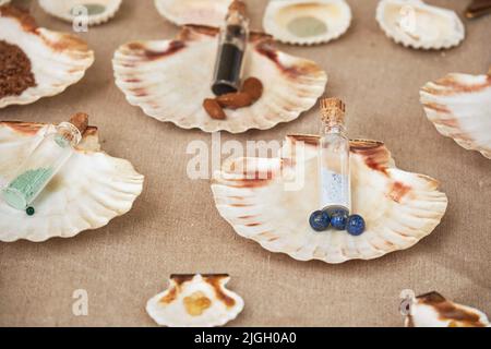 Ancient Roman cosmetics, retro perfume and vintage bath accessories. Reconstruction of events in the thermae of the Roman Empire Stock Photo