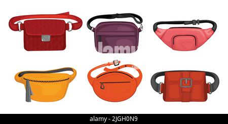 Trendy waist bags set of different shape and color unisex items with latch buckle and zippers isolated vector illustration Stock Vector