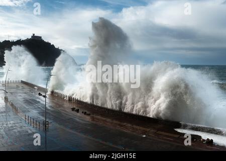 Waves breaking on New Promenade of Donostia-San Sebastian, Spain Stock Photo