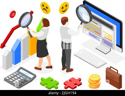 Soft skills isometric composition with two characters holding magnifiers and 3d business symbols vector illustration Stock Vector