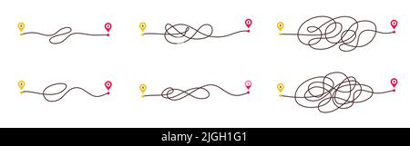Complicated way and simple path from point A to B. Plans and real life chaos simplifying. Curved dashed line. Vector illustration Stock Vector
