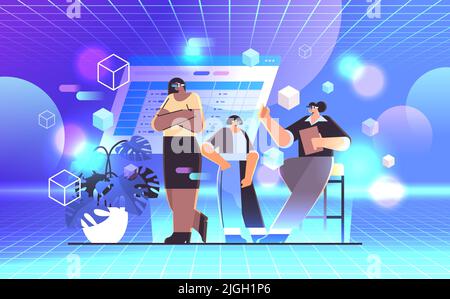 businesspeople in virtual reality glasses analyzing financial data on charts and graphs during conference meeting Stock Vector