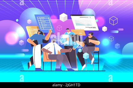 businesspeople in virtual reality glasses analyzing financial data on charts and graphs planning report market analysis accounting Stock Vector