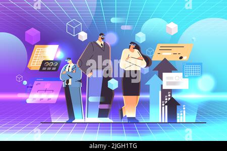 businesspeople in virtual reality glasses analyzing financial data on charts and graphs planning report market analysis accounting Stock Vector