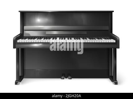 Realistic classical upright black piano with open keyboard isolated on white background vector illustration Stock Vector